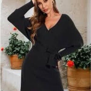 New women Sz S double vneck Dolman sleeve elegant formal sweater black dress